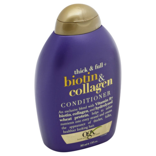 An exclusive blend with Vitamin B7 biotin, collagen, and hydrolyzed wheat protein, helps to infuse nutrients into every strand and creates the appearance of thicker, fuller healthier looking hair. Beauty pure and simple. Why you want it - Discover thicker, fuller and more abundant looking strands! Helps to thicken and texturize any hair type! Immerse your skinny strands in this super volumizing blend to help create fuller looking, shiny hair after just one use. Our bottles are eco-friendly, manufactured with materials containing recycled post-consumer resin. Not tested on animals. Earth friendly. Packaging. Environmental. Reduce, Reuse, recycle. Questions? ogxbeauty.com. Made in USA.
