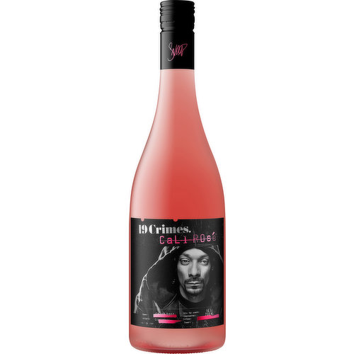 Rose wine. 19 Crimes tells the true story of rule breakers who beat the odds, overcame adversity, and went on to become folk heroes in their society. This spirit lives on today through innovators and culture creators, like Cali's own Snoop Dogg. A leader in contemporary pop culture, snoop embodies the timeless values of the 19 Crimes rogues who came before him. Glasses up! Contact us with questions or comments at 888-544-3223. Alc by cont: 10.5%. 21 Origin: California. Vinted and bottled by 19 Crimes, Sonoma CA. Product of USA.