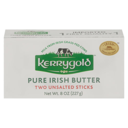 Milk from Irish grass-fed cows. Irish grass-fed cows. In Ireland, cows graze on the green pastures of small family farms. Their milk is churned to make Kerrygold Pure Irish Butter. Made with milk from grass-fed cows not treated with rBST or other growth hormones (No significant difference has been shown between milk from rBST-treated and non rBST-treated cows).