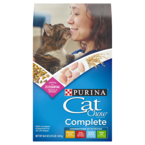 Calorie Content (Calculated)(ME): 3801 kcal/kg, 405 kcal/cup. Purina Cat Chow Complete is formulated to meet the nutritional levels established by the AAFCO cat food nutrient profiles for all life stages. Provides all 25 essential vitamins & minerals. 100% complete & balanced for all life stages. Cornerstones of nutrition. High-quality protein for strong muscles. Always made with real chicken. Essential fatty acids for a shiny coat. Healthy carbs for vital energy. Weight circle Purina Cat Chow brand cat food. Complete 3.15 lb. How do you find a perfect balance for your cat? Always made with real chicken and a taste cats love. Trusted nutrition. Checked for quality and safety. The Purina Promise: Pets are our passion. Safety is our promise. Progress is our pledge. Follow us at purina.com. PurinaCatChow.com/Ingredients. purina.com. myperks.catchow.com. how2recycle.info. Twitter. Facebook. We're listening. Visit us online at Purina.com or call 1-888-Catchow (1-888-228-2469). Reward Both of You: Sign up for My Purina Cat Chow Perks and earn points towards great rewards like coupons and swag. My Perks. myperks.catchow.com. Proven Recipes: Each Cat Chow formula is thoughtfully designed to deliver complete nutrition and a flavor cats love. Find the right one for your cat. Crafted in Purina owned facilities in the USA. Printed in USA.