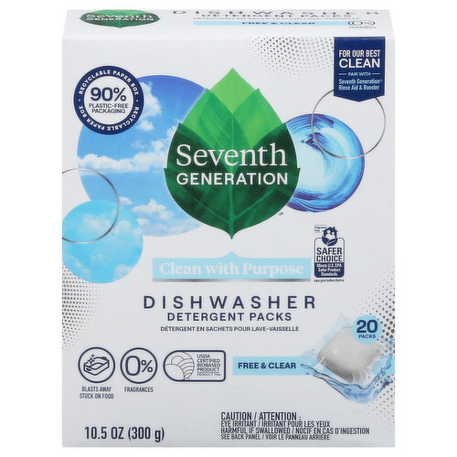 Seventh Generation Dishwasher Detergent Packs, Free & Clear, 20 Packs