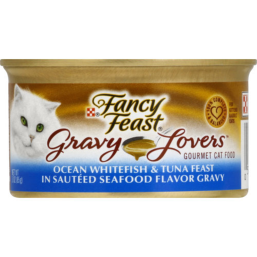 100% complete & balanced. For kittens & adult cats. Aluminum. Recyclable. Fancy Feast Gravy Lovers Ocean Whitefish & Tuna Feast in Sauteed Seafood Flavor Gravy is formulated to meet the nutritional levels established by the AAFCO Cat Food Nutrient Profiles for growth of kittens and maintenance of adult cats. Dolphin safe. Please recycle. Calorie content (calculated) 773 kcal/kg 66 kcal/can. An ideal pairing with Fancy Feast gourmet dry cat food. Purina.com. Printed in USA.