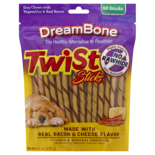 Made with real bacon & Cheese flavor. Vitamin & mineral enriched. Chewing helps maintain healthy teeth. No rawhide highly digestible 100% delicious. The healthy alternative to Rawhide. No rawhide DreamBone twist sticks are made with real bacon and cheese flavor for a scrumptious taste dogs can't resist! Made with wholesome vegetables and real bacon. Rawhide-free. East to digest. Vitamin and mineral enriched. Chewing helps maintain healthy teeth. Calorie Content (calculated): 2,935 ME kcal/kg (18 ME kcal/chew). Treated by irradiation. www.DreamBone.com.
