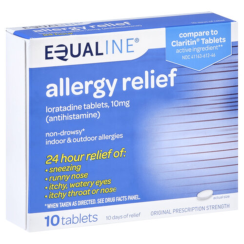 Other Information: Do not use if blister unit is broken or torn. Store between 68 to 77 degrees F (20 to 25 degrees C). Protect from excessive moisture. Misc: Loratadine tablets, 10 mg (antihistamine). Non-drowsy (When taken as directed. See drug facts panel). Indoor & outdoor allergies. 24 Hour Relief of: sneezing; runny nose; itchy, watery eyes; itchy throat or nose. 10 days of relief. Compare to Claritin Tablets active ingredient (This product is not manufactured or distributed by MSD Consumer Care, Inc., owner of the registered trademark Claritin). Gluten free. Supervalu Quality Guaranteed: We’re committed to your satisfaction and guarantee the quality of this product. Contact us at 1-877-932-7948, or www.sueprvalu-ourownbrands.com. Please have package available.