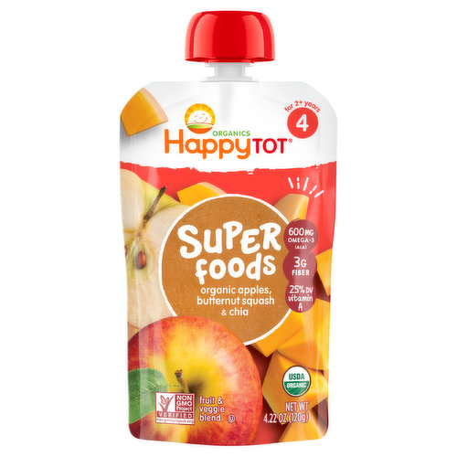 HappyTot Organics Fruit & Veggie Blend, Organic Apples, Butternut Squash & Chia, 4 (2+ Years)