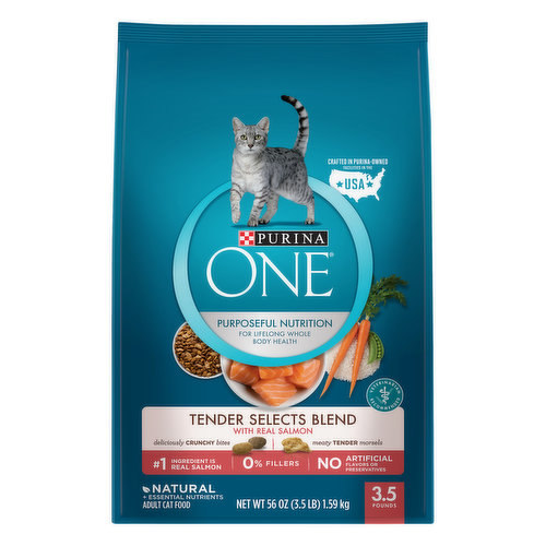 Calorie Content (calculated) ME: 3734 kcal/kg; 364 kcal/cup Purina One Tender Selects Blend with Real Salmon is formulated to meet the nutritional levels established by the AAFCO Cat Food Nutrient Profiles for maintenance of adult cats. No artificial flavors or preservatives. Purposeful nutrition. For lifelong whole body health. Deliciously crunchy bites. Meaty tender morsels. No.1 Ingredient is real salmon. 0% Fillers. Natural + essential nutrients. Veterinarian recommended. See the differences Purposeful Nutrition can make. With 0% fillers and 100% nutrition for adult cats, every ingredient in this recipe has a purpose. Made with real salmon, and no artificial flavors or preservatives, this tasty, meaty blend of protein-rich, crunchy and tender bites will satisfy your cat and promote lifelong whole body health. Strong Immune System: Supported by an antioxidant-rich blend of vitamins E & A and other nutrients. Healthy Skin & Coat: Supported by omega-6 fatty acids, vitamins & minerals. Strong Muscles Including a Healthy Heart: Supported by high-quality protein from sources including real salmon as the No.1 ingredient. Taste Appeal: Help keep cats coming back meal after meal with a blend of deliciously crunchy bites and tender, meaty morsels. Crafted with Real Ingredients: Real salmon - helps provide the protein your cat needs. Wholesome Grains - Help provide nutrients and carbohydrates for healthy energy. Accents of Real Vegetables: Including real carrots and peas. Purina - Your pet, our passion. The Purina Promise: Pets are our passion, safety is our promise. Progress is our pledge. Every ingredient has a purpose. purinaone.com/ingredients. Weight Circle: Purina One brand Cat Food Tender Selects Blend with Real Salmon 3.5 lb/1.59 kg. Satisfaction Guaranteed: We're confident Purina One will make a healthy difference in your pet. If for any reason you're not satisfied with this purchase, contact us and we'll refund your purchase price. how2recycle.info. Purinaone.com. purinaONE.com/ingredients. Purina.com. Twitter. Facebook: PurinaONE.com. Follow us at Purina.com. We're listening: Visit us online at purina.com or call 1-866-PURINA1 (1-866-787-4621). Purina One dry and wet recipes provide nutrition for lifelong whole body health. Indoor Advantage; True Instinct; Tender Selects Blend. Discover more at purinaone.com. how2recycle.info. Crafted in Purina-owned facilities in the USA. Printed in USA.