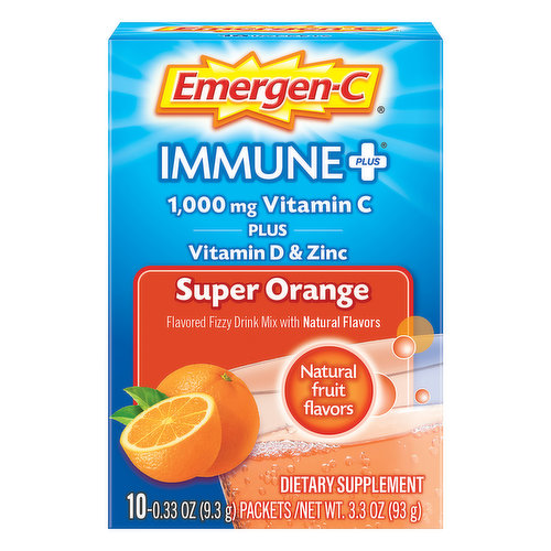 Dietary Supplement. Flavored fizzy drink mix with natural flavors. Natural fruit flavors. Live life to the fizziest. Vitamin D: Recent research suggest vitamin D plays an important role in regulating immune system function. Antioxidants: Vitamin C, zinc, and manganese are essential nutrients for maintaining a healthy antioxidant response. Proprietary Complex: Unique blend includes naturally sourced Wellmune WGP beta-glucans and arabinogalactans. Superhuman powers may vary. We've supercharged Emergen-C Immune+ pow! Bam! The power-packed formula provides key nutrients your (super) body needs like vitamin C, vitamin D, zinc and a proprietary complex with Wellmune WGP beta-glucans. And now available in sunshine-y, super orange deliciousness! Kapow! Fix it how you like it! Less water = More flavor. emergenc.com. Get your free samples at emergenc.com. While supplies last. See website for limitations. This box is recyclable. Recyclable. FSC: Mix - Paper from responsible sources. (These statements have not been evaluated by the Food and Drug Administration. This product is not intended to diagnose, treat, cure or prevent any disease.)
