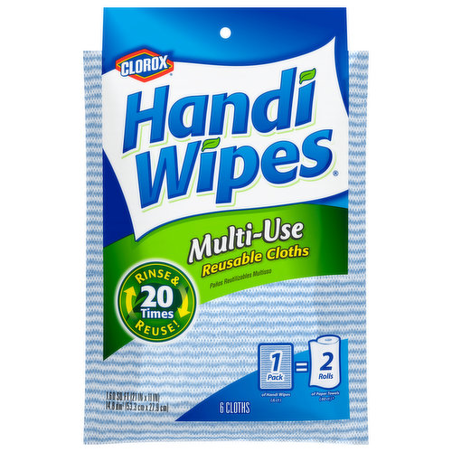 Rinse & reuse! 20 times. 1 pack of Handi Wipes (6 ct) = 2 rolls of paper towels (60 ct) (Comparison does not include energy and water consumption). Use all around the house! HandiWipes are America's No. 1 reusable, money-saving cleaning cloths. Durable Handi Wipes reusable cloths offer all the convenience and absorbency of single-use paper towels, but they last 20 times longer. Plus, sheet for sheet they're a better value than paper towels (Comparison does not include energy and water consumption). That means more trees and less waste. It's easy to be green when you use Handi Wipes cloths. Use Handi Wipes cloths again and again to wipe, clean, scrubs, polish or dust. Dishes; cars; stoves; windows; shoes; bathrooms; furniture; computers; sporting equipment; silver; countertops; refrigerators; electronics; outdoor furniture - and more.