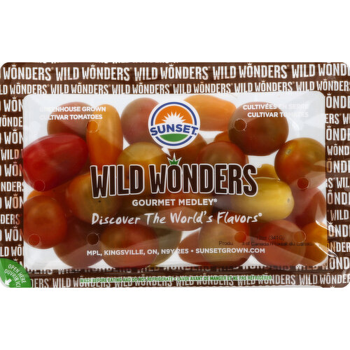 Greenhouse grown cultivar tomatoes. Discover the world's flavors. Non GMO Project verified. nongmoproject.org. sunsetgrown.com. Product of Canada.