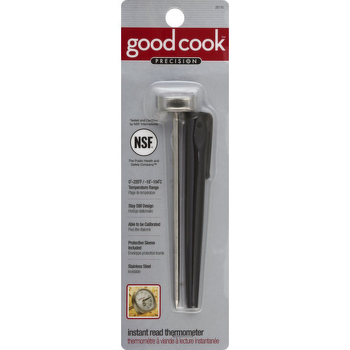 Tested and certified by NSF international. The Public Health and Safety Company. 0-220 degrees F/-18-104 degrees C temperature range. Stay still design. Able to be calibrated. Protective sleeve included. Stainless steel. Protective case holds thermometer for safe handling. www.goodcook.com. 100% satisfaction guarantee. Made in China.