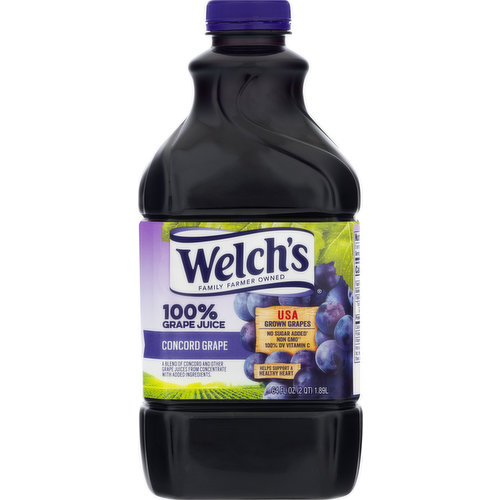 A blend of concord and other grape juices from concentrate with added ingredients. No artificial flavors, colors or preservatives. 100% DV vitamin C.  Helps support a healthy heart. Gluten free. No sugar added (Not a low calorie food. See Nutrition Facts for sugar and calorie content).  Non GMO (Not made with genetically modified ingredients). Family farmer owned. 2 servings of fruit in every 8 oz glass (2 servings of fruit per 8 oz glass equals 1 cup of fruit). Per Bottle: Made with 550 grapes. Pasteurized. Farmer owned. Family grown. Welch's is a family business, owned by more than 800 farmer families who have been farming their land for as many as 7 generations. 100% of our profits go to these small family farmers. The grapes In our juice are grown with love and sweetened by sunshine, not added sugar. And they're picked and pressed whole within 8 hours for that fresh - from - the vine flavor that can only be Welch's. It makes a difference you can taste. Because it's got to be good enough for our families to be good enough for yours. Eddie & Sophie Hamlet. 7th Generation Farmers - Welch’s Grower Owners. Comments or Questions? Call 1-800-340-4870 Weekdays 9 am - 4 pm ET. USA grown grapes. Made in USA.