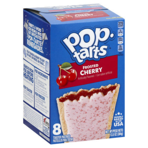 Artificially flavored. Per 2 Pastries: 370 calories; 3 g sat fat (15% DV); 320 mg sodium (14% DV); 30 g total sugars. Good source of 3 B vitamins. Straight from the foil. Ready when you are. There's a word for people who eat untoasted pop-tarts renegades. Kvets & Supporters: Supporting veteran recruitment at Kellogg. Kelloggs Family Reward: Go to kfr.com to learn more, visit kfr.com. Collect points. Earn rewards. Two easy ways to collect points! Questions or comments? Visit kelloggs.com call 1-800-962-1413 provide production code on package. Visit us at poptarts.com. Certified sustainable palm oil. RSPO. Certified 100% recycled paperboard. how2recycle.info. Proudly baked in the USA.