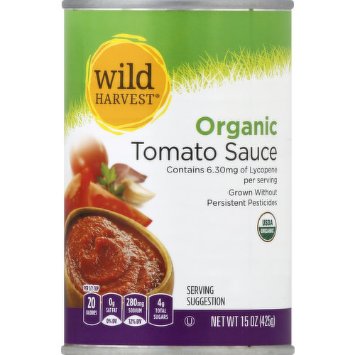 Contains 6.3 mg of lycopene per serving. Grown without persistent pesticides. USDA organic. Per 1/2 Cup: 20 calories; 0 g sat fat (0% DV); 280 mg sodium (12% DV); 4 g total sugars. CCOF: California Certified Organic Farmers. Certified organic by California Certified Organic Farmers. Gluten free. Suitable for vegans. 100% Quality Guaranteed: Like it or let us make it right. That's our quality promise. 877-932-7948; mywildharvest.com. Please recycle this package. Live Free with Wild Harvest: Wild Harvest is a complete selection of products that are free from more than 100 artificial preservatives, flavors, colors, sweeteners, and additional undesirable ingredients. Our products are pure and simple because they're flavored and colored by nature and created to support your family's health and active lifestyle. People of all ages love the taste of Wild Harvest foods. Product of USA.