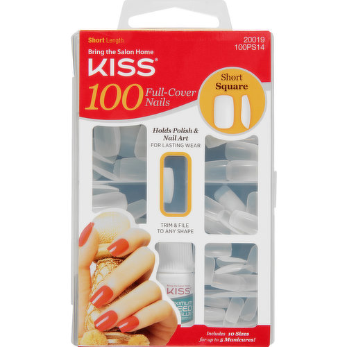 Kit Contents: 100 Nails, Nail Glue: net wt 3 g (0.10 oz.). Bring the salon home. Short length. Holds polish & nail art for lasting wear. Trim & file to any shape. Includes 10 sizes up to 5 manicures! Glue on 7-day wear. Polish & design your manicure! Nails are strong, durable & natural looking. Professional salon products - The no. 1 choice in artificial nails! KISSusa.com. Made in Korea. Assembled in China.
