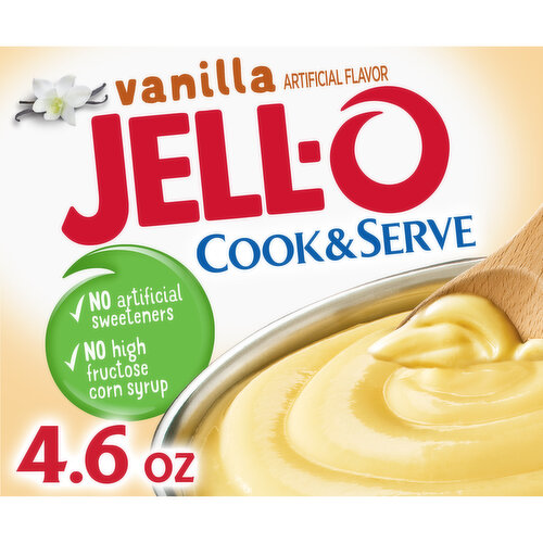 Jell-O Cook and Serve Vanilla Pudding is an easy to make dessert. Perfect for any occasion that requires a quick and delicious dessert, this pudding delivers the classic sweet flavor and creamy texture you know and love. Vanilla pudding with no high fructose corn syrup and no artificial sweeteners is a dessert you can feel good about. Enjoy this tasty vanilla dessert on its own, or try using it as a rich, delicious crepe filling or to top vanilla cupcakes. This 4.6 ounce vanilla pudding mix makes six 1/2-cup servings so you can make it for the whole family or save some for the next time you're craving a mouthwatering pudding dessert.