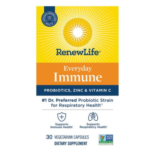 Dietary Supplement. Non GMO Project verified. nongmoproject.org. Supports respiratory health (2018 ProVoice survey: PCPs preferred Howaru BI-04 for respiratory health after review of select clinical studies. For more info visit howaru.com). Probiotics, zinc & vitamin C. No. 1 Dr. preferred probiotic strain for respiratory health (2018 ProVoice survey: PCPs preferred Howaru BI-04 for respiratory health after review of select clinical studies. For more info visit howaru.com). Supports immune health. Supports respiratory health. Triple-Action Immune Boost Formula: Probiotics - no. 1 clinically studied strain for immune health: (L. rhamnosus GG strain, PubMed Immune Clinical Trials Aug. 2019) 70% of your immune system lives in your gut, that's why probiotics are an important part of your immune health regimen. Vitamin C - no. 1 vitamin used for immune health: (2019 Mintel Data) Boosts your natural immune defense with 100% of your daily value of vitamin c. Zinc – no. 1 mineral used for immune health: (2019 Mintel Data) Supports a healthy immune response, which can be impacted by stressors like lack of sleep and stress. Howaru. Probiotic quality you can feel. We want you to live your best life. That's why Renew Life everyday immune provides: Potency, quality and purity guaranteed. A gluten, dairy and soy free formula. Delayed-release capsules that help the probiotics reach your gut alive. Easy-to-swallow capsules. Say hello to a strong immune system. Our Guarantee: We stand by our products. Visit renewlife.com/customer-service for our 60-day satisfaction guarantee. www.renewlife.com. how2recycle.info. Questions or comments? 1-800-830-1800 or www.renewlife.com. (These statements have not been evaluated by the Food and Drug Administration. This product is not intended to diagnose, treat, cure, or prevent any disease.) Made in the USA of global ingredients.