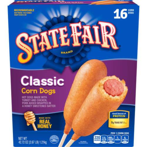 State Fair Classic Corn Dogs are made with classic hot dogs that are wrapped in a honey sweetened batter for a heat and serve frozen food that moms will love, too. With 6 grams of protein and 0 grams of trans fat per serving, these classic corn dogs are a tasty way to help give your kids the protein they need to help power their play. State Fair corn dogs are a fun and easy frozen meal.