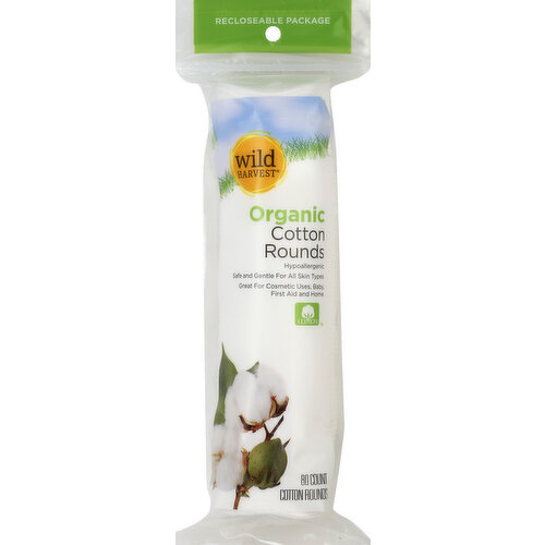 Hypoallergenic. Safe and gentle for all skin types. Great for cosmetic uses, baby, first aid and home. Recloseable package. Wild Harvest Organic Cotton Rounds are made out of virgin staple fiber and are luxuriously soft. This cotton is grown exclusively on organic farms. The organic farming methods replenish the soil, protect the purity of air, water and food supplies, and preserve precious resources. ICEA: Ethical and Environmental Certification Institute. Certified organic by ICEA. Complying with the requirements of GOTS. To learn more about Wild Harvest products, including our full line of organic products, please visit www.mywildharvest.com. 100% quality guaranteed. Like it or let us make it right. That's our quality promise. mywildharvest.com. Product of USA.