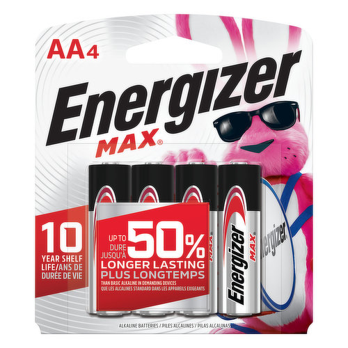 1.5V. 10 year shelf life. Up to 50% longer lasting than basic alkaline in demanding devices. Protects your devices from leakage of fully used batteries up to 2 years. The world's no.1 longest lasting AA battery. www.energizer.com. Also try Energizer Ultimate Lithium.