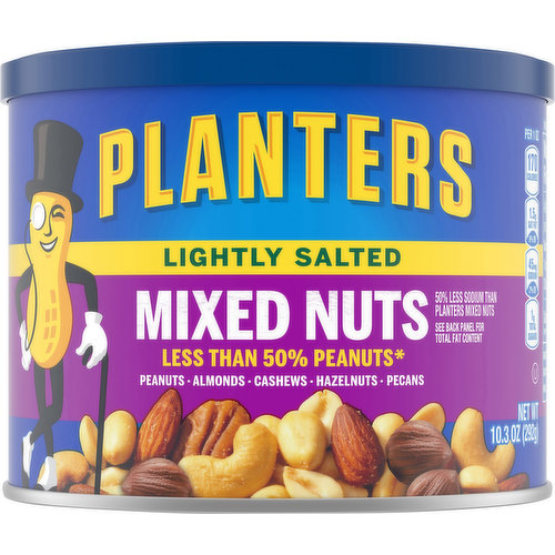 Peanuts, almonds, cashews, hazelnuts, pecans Per 1 oz: 170 calories; 1.5 g sat fat (8% DV); 45 mg sodium (2% DV); 1 g total sugars.  50% less sodium than planters mixed nuts. See back panel for total fat content. Contains 45 mg sodium per serving compared to 90 mg in planters mixed nuts. Less than 50% peanuts (Nuts are measured by weight). Peanuts; Almonds; Cashews; Hazelnuts; Pecans.  planters.com. Visit us at: planters.com 1-877-677-3268 please have package available. Contains Product from: India, Indonesia, Mexico, Mozambique, Nigeria, Turkey, USA, Vietnam.