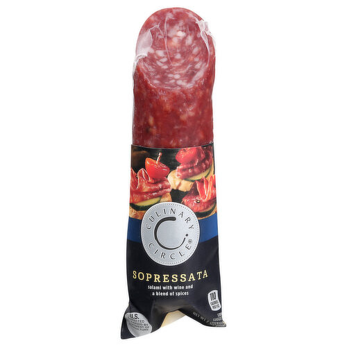 Salami with wine and a blend of spices. 110 calories per 1 oz. 100% quality guarantee. Like it or let us make it right. That's our quality promise. U.S. inspected and passed by Department of Agriculture. www.culinarycircle.com. For product information and recipes visit us at www.culinarycircle.com.