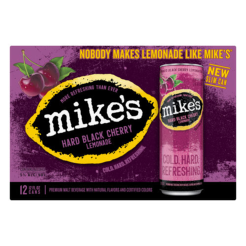 Flavored beer. Premium malt beverage with natural flavors and certified colors. More refreshing than ever. Cold. Hard. Refreshing. New slim cans. Nobody's makes lemonade like Mike's. We started the mike’s hard lemonade company with the single aim of creating the most refreshing & amazing tasting beverages. Every bottle of mike’s is bursting with flavor and with each blend of lemon and fruit flavors, we like to think we’ve captured a little bit of sunshine in a bottle! Thank you for choosing mike’s and cheers to drinking on the right side! – mike. Mike’s is hard. So is prison. Don’t drive drunk. mikeshard.com. A strong opinion is hard to find. Give us yours on Facebook. Instagram. (hashtag)mikeshard. For more information about our beverages, please visit mikeshard.com. Please recycle. 5% Alc/Vol 10