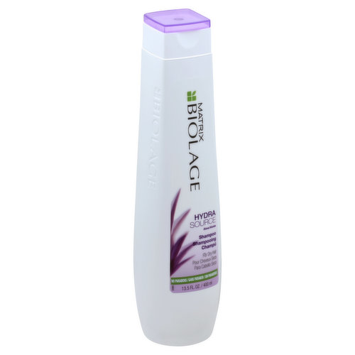 For dry hair. No parabens. Biomatch: Like the aloe plant that never seems to dry, HydraSource helps optimize moisture balance. HydraSource Shampoo gently cleanses as it quenches dry hair and attracts moisture. Suitable for color-treated hair. www.matrix.com. Made in USA.