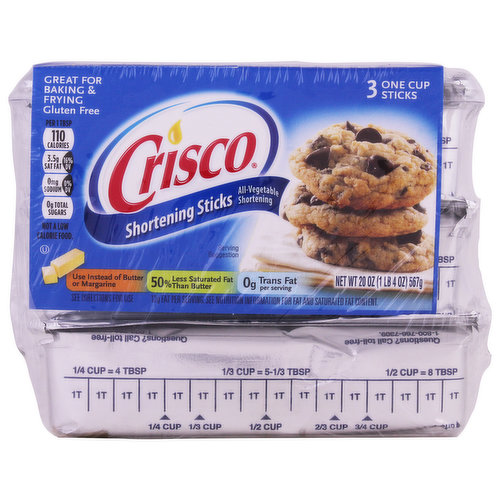 3 one cup sticks. Per 1 Tbsp: 110 calories; 3.5 g (16% DV); 0 mg sodium (0% DV); 0 g total sugars; 50% less saturated fat than butter; 0 g trans fat per serving.; 12 g fat per serving. 50% less saturated fat than butter. Crisco Shortening: 3.5 g saturated fat per tablespoon. Butter: 7 g saturated fat per tablespoon. Crisco Shortening contains 12 g total fat per serving. Gluten free. Not a low calorie food. See nutrition information for fat and saturated fat content. Excellent source of ALA Omega-3 fatty acid. Contains 710 mg of ALA per serving, which is 44% of the 1.6 g daily value for ALA. Great for baking & frying. Use for baking & frying. Perfect for all Your Favorite Recipes: Cookies. Cakes. Frosting. Biscuits. Frying. Recipes inside. See serrated knife to cut through wrapper and shortening. 1/4 cup = 4 tbsp. 1/3 cup = 5-1/3 tbsp. 1/2 cup = 8 tbsp. crisco.com. www.jmsmucker.com/patents. Visit crisco.com for other great Crisco favorites. Questions? Call toll-free 1-800-766-7309. Questions? Comments? 1-800-766-7309. Not interested for use a spread.