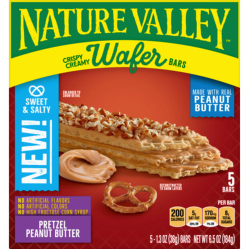 Made with real peanut butter. No artificial flavors. Per Bar: 200 calories; 5 g sat fat (25% DV); 170 mg sodium (7% DV); 8 g total sugars. Contains bioengineered food ingredients. Learn more at Ask.GeneralMills.com. New! Sweet & salty. No artificial colors. No high fructose corn syrup. When we get outside, something amazing happens. You can feel it. It can make us feel more energized, helps manage stress, and strengthen our families. We think the world could use a little more of that. We are better outside. Making food people love. generalmills.com. how2recycle.info. Tell us what you think? Share it on: Twitter; Instagram. To learn more see www.naturevalley.com/nature. We welcome your question and comments generalmill.com 1.800.231.0308. Box Tops for Education: No more clipping. Scan your receipt. See how at btfe.com. Carbohydrate Choices: 1