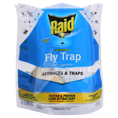 Net contents: 1 trap and 1 lure packet. New. Disposable. Just add water & hang. Tested & proven. Food-based. The Raid disposable fly trap is equipped with a tested and proven water soluble food-based lure that attracts flies once water is added, The custom designed entry tunnel entices pests to enter the trap. Once the pests enter, they are unable to escape, and then drown. The trap is a sanitary, easy to dispose solution that will have you catching pests week after week. Water fill line. For questions or comments call 1-800-799-7302. Trap made in China.