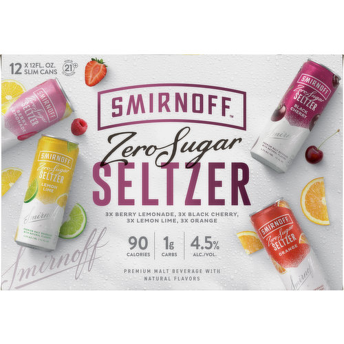 Must be 21+ to purchase. 3x berry lemonade, 3x black cherry, 3x lemon lime, 3x orange. Premium malt beverage with natural flavors. Flavored beer. 90 calories. 1 g carbs. Zero sugar. Drink responsibly. www.DrinkiQ.com. www.smirnoff.com. Please recycle. 4.5% alc/vol. 9