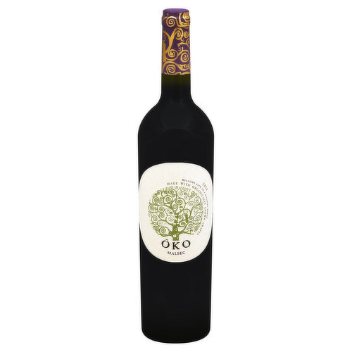 Welcome back to a balanced world. Made with organically grown grapes. I.P. Mendoza Malbec. The tree, a symbol of nature and life, provides the necessary oxygen for all things in the world to thrive. Oko Wines are made with a vision of premium quality and a balance with nature. As you enjoy aromas of plum, spice, and red fruit nose layered with hints of mocha, know this was all achieved naturally. As the soft tannins linger, so will your appreciation for Oko! Recycle this bottle. Certified organic by Argencert SRL. Visit us at: www.okowine.com. Alcohol 13.7% by vol. Bottled by B-730313 for Mendoza Vineyards S.A. Product of Argentina.