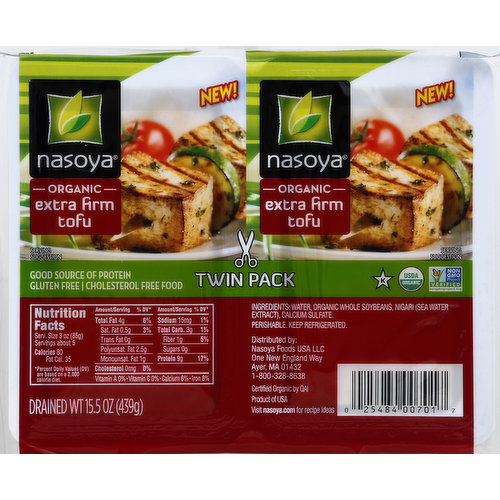 New! Good source of protein. Gluten free. Cholesterol free food. USDA organic. Non GMO Project verified. nongmoproject.org. Certified organic by QAI. Visit nasoya.com for recipe ideas. Product of USA.
