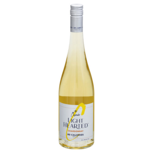 80 calories per 5 oz. (Per 5 fl oz Average Analysis: 80 calories; 4 g carbohydrates; 0.7 g protein; 0 g fat). Vegan. Gluten free. Low sugar. Meet Cupcake LightHearted, our new collection of delicious, lower alcohol wines that are bright and bursting with refreshing fruit-forward flavor. With only 80 calories and less than l g of natural sugar per 5 oz serving, Cupcake LightHearted brings full flavor to all of life's lighter moments. Now that's pure joy! Medium bodied with flavors of fresh citrus and ripe pear that intermingle with subtle notes of toasted oak and vanilla on the finish. Alc. 8% by vol. 16 Bottled by Cupcake Vineyards Livermore, CA.