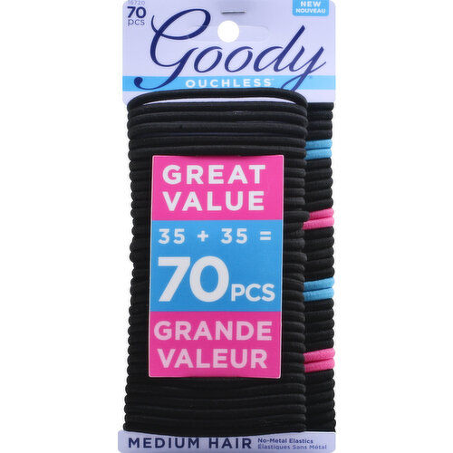Great value 35 + 35 = 70. No-metal elastic. Medium hair. New. We would love to hear from you: 1-800-241-4324. Facebook. Instagram. Look good, (hashtag)FeelGoody (at)goodyhair & goody.com. Made in China.