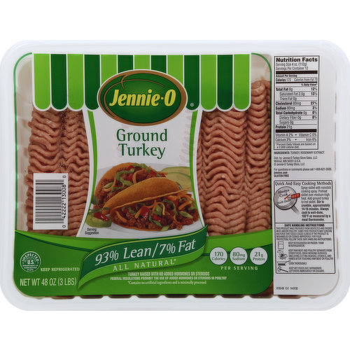 All natural (contains no artificial ingredients and is minimally processed). Turkey raised with no added hormones or steroids. Federal regulations prohibit the use of added hormones or steroids in poultry. Inspected for wholesomeness by US Department of Agriculture. Per Serving: 170 calories; 80 mg sodium; 21 g protein. For questions or comments please call 1-800-621-3505. jennio.com. Gluten free.