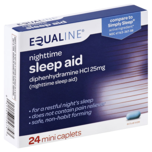 Other Information: Store at 77 degrees F (25 degrees C); excursions permitted between 59 degrees - 86 degrees F (15 degrees - 30 degrees C). See end flap for expiration date and lot number.  Misc: Diphenhydramine HCl 25 mg. (Nighttime sleep aid). Compare to Simply Sleep active ingredient (This product is not manufactured or distributed by McNeil Consumer Healthcare, owner of the registered trademark Simply Sleep.) For a restful night's sleep. Does not contain pain reliever. Safe, non-habit forming. Questions or comments? 1-877-932-7948. Does not contain gluten. Supervalu quality guaranteed. We're committed to your satisfaction and guarantee the quality of this product. Contact us at 1-877-932-7948, or www.supervalu-ourownbrands.com. Please have package available.