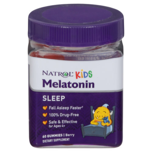 Fall asleep faster. 100% drug-free. Safe & effective for ages 4+. Their sweetest sleep rest assured. Pediatrician recommended (Recommended by the Canadian Paediatric society). 100% drug-free. Non-habit forming. Helps your child sleep better. Natrol helps your child fall asleep faster and stay asleep longer with Melatonin, which is naturally produced in the body to guide sleep-wake cycles and helps establish normal sleep patterns.' Melatonin is pediatrician recommended as a solution for occasional sleeplessness. No. 1 melatonin brand (Nielsen xAOC, 52 weeks ending 10/5/19). This product was manufactured in a facility where peanuts and soy are used in the production of other products.