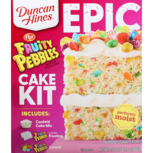 Naturally flavored with other natural flavors Post. Includes: Confetti cake mix. Flavored Frosting Cereal. Perfectly moist. Mix it up with Post Fruity Pebbles Cupcakes. Pebbles 50th Birthday. www.duncanhines.com. how2recycle.info.  Smartlabel: Scan here or call 1-800-362-9834 for more food information. Questions or comments, visit us at www.duncanhines.com or call 1-800-362-9834. Find this recipe on duncangines.com. Also try Epic salted caramel artificial flavored brownie kit. Epic cookies & cream flavored cookie kit.