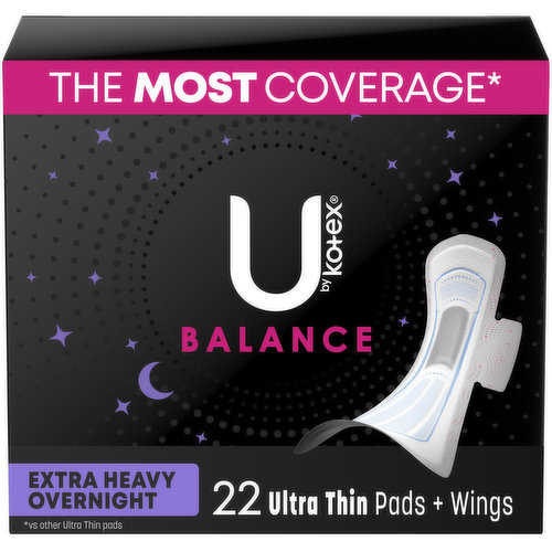 U by Kotex Balance Pads + Wings, Ultra Thin, Extra Heavy Overnight