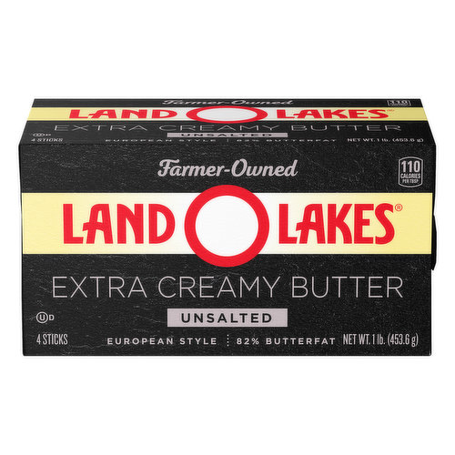 110 calories per tbsp. Gluten free. Made with pasteurized sweet cream. Farmer-owned. 82% butterfat. Unsalted butter first quality. All Together Better: We are proud to be farmer-owned because we share a belief that together we are better 100 years later and 1700+ dairy farmers strong, we still believe working side-by-side makes us, and our butter better. Measurements: 1 stick = 1/2 cup. 1 lb = 2 cups. USDA US Grade AA when graded packed under inspection of the US Dept. of Agriculture officially graded. landolakes.com.  SmartLabel. Instagram. Pinterest. Facebook. Twitter. Comments? 1-800-328-4155. For recipes and our story visit us (at)landolakes.com.