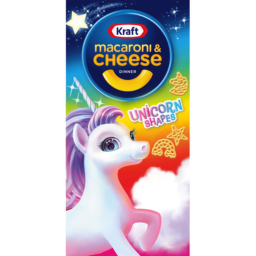 Kraft Unicorn Shapes Macaroni & Cheese Dinner is a convenient boxed dinner. Both kids and adults love the rich taste of this magical macaroni and cheese. This handy 5.5 ounce dinner includes fun unicorn noodles and cheese sauce mix, so you just need milk and margarine or butter to make a tasty family meal or a quick dinner for kids. With no artificial preservatives or flavors and no artificial dyes, boxed macaroni and cheese is always a great family dinner choice. Preparing this macaroni and cheese is a breeze. Just boil the noodles for 11-12 minutes, drain the water and stir in cheese mix, milk and margarine or butter.