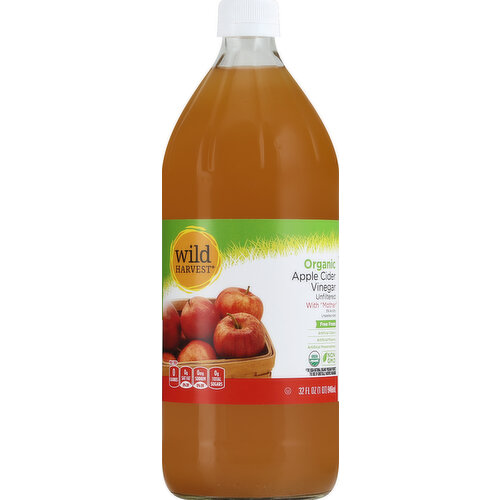 Per 1 Tbsp: 0 calories; 0 g sat fat (0% DV); 0 mg sodium (0% DV); 0 g total sugars. 5% Acidity. Unfiltered. With mother. Free From: Artificial colors; Artificial flavors; Artificial preservatives. Unpasteurized. USDA Organic. Certified Organic by Quality Assurance International, Inc. Gluten free. Non-GMO (The USDA National Organic program prohibits the use of genetically modified organisms). Live Free with Wild Harvest: Wild Harvest Organics offer a complete selection of food products that are free from more than 140 undesirable ingredients. But we don't stop there, Wild Harvest Organic products go one step further and are certified organic by the USDA's strict standards and are made only with high quality ingredients from growers and manufacturers who share our commitment to healthy people and the planet. To learn more about Wild Harvest products, including our full line of organic products, and for recipes, please visit www.mywildharvest.com. 100% Quality Guaranteed: Like it or let us make it right. That's our quality promise. 877-932-7948. mywildharvest.com.
