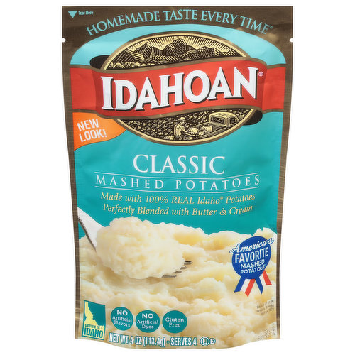 New look! Homemade taste every time. America's favorite mashed potatoes (Based in part on IRI sales data, 52 weeks endling 4.18.21). No artificial dyes. Serves 4. Homemade taste in minutes.
