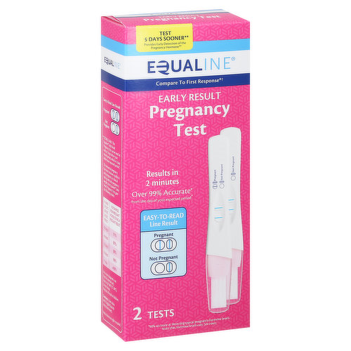 Test 5 days sooner (Testing Early: The Equaline Early Result Pregnancy Test can be used as early as 5 days before your missed period, which is 4 days before your expected period). Provides early detection of the pregnancy hormone (Testing Early: The Equaline Early Result Pregnancy Test can be used as early as 5 days before your missed period, which is 4 days before your expected period). Compare to First Response. Results in 2 minutes over 99% accurate (99% accurate detecting typical pregnancy hormone levels. Note that hormone levels vary. See insert) from the day of your expected period (99% accurate detecting typical pregnancy hormone levels. Note that hormone levels vary. See insert). Easy-to-read line result. 2 Lines: Pregnant, Not pregnant. The amount of pregnancy hormone increases rapidly in early pregnancy. In clinical testing with early pregnancy samples, the Equaline Early Result Pregnancy Test gave the following results: Number of days before missed period- 5 days; 71% of samples from pregnant women giving a pregnant result. Number of days before missed period- 4 days; 87% of samples from pregnant women giving a pregnant result. Number of days before missed period- 3 days; 96% of samples from pregnant women giving a pregnant result. Number of days before missed period- 2 days; 99% of samples from pregnant women giving a pregnant result. Number of days before missed period- 1 day; Great than 99% of samples from pregnant women giving a pregnant result. Contents: 2 test sticks and 1 English/Spanish instruction insert. Compare to First Response (This product is not manufactured or distributed by Church & Dwight Co., Inc. Or Armkel, LLC, distributors of First Response).