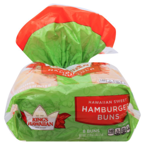 Per 1 Bun Serving: 140 calories; 2 g sat fat (10% DV); 120 mg sodium (5% DV); 8 g sugars. No trans fat. Est. 1950. No high fructose corn syrup. No artificial dyes. Our Original Hawaiian Sweet Burger Buns have all the King's Hawaiian flavor you love in a size that will bring out the best in your favorite burger. www.kingshawaiian.com. SmartLabel. Visit us online at: www.kingshawaiian.com. If you have any questions or comments, please email us at: khcares(at)kingshawaiian.com. Consumer Care: (877) My-Khcares (877) 695-4227. Recyclable package. Hilo, Hawaii. Product of USA.