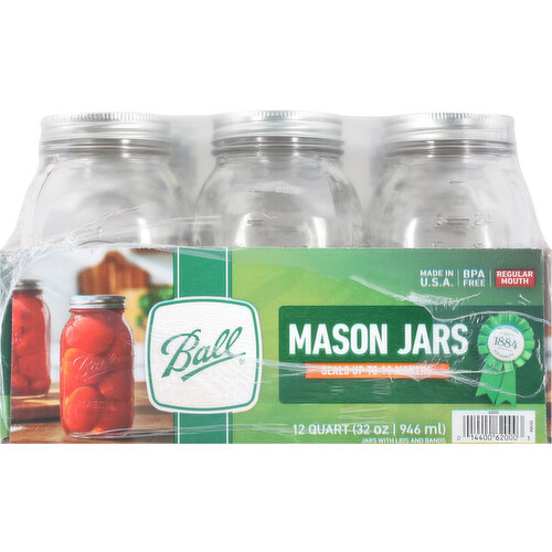 Ball Regular Mouth Mason Jars with Lids, Quart - 12 pack