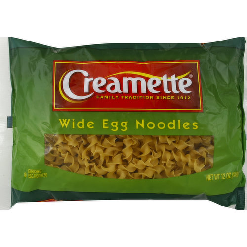 Enriched egg noodles. Family tradition since 1912. For delicious recipes and cooking tips visit www.creamette.com. Questions or comments, visit our web site or call 1-800-730-5957.