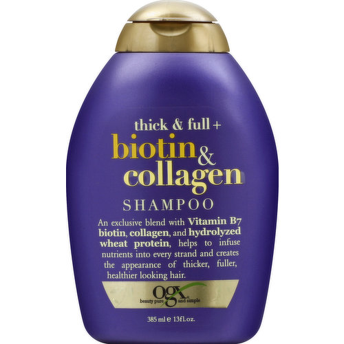 An exclusive blend with Vitamin B7 biotin, collagen, and hydrolyzed wheat protein, helps to infuse nutrients into every strand and creates the appearance of thicker, fuller healthier looking hair. Beauty pure and simple. Why you want it - Discover thicker, fuller and more abundant looking strands! Helps to thicken and texturize any hair type! Immerse your skinny strands in this super volumizing blend to help create fuller looking, shiny hair! Our bottles are eco-friendly, manufactured with materials containing recycled post-consumer resin. Not tested on animals. Earth friendly. Packaging. Environmental. Reduce, Reuse, recycle. Questions? ogxbeauty.com. Made in USA.