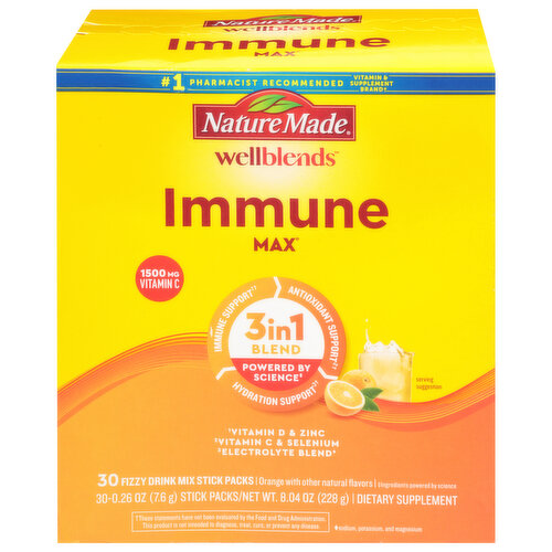 Nature Made Wellblends Fizzy Drink Mix, Immune Max, 1500 mg, Stick Packs, Orange